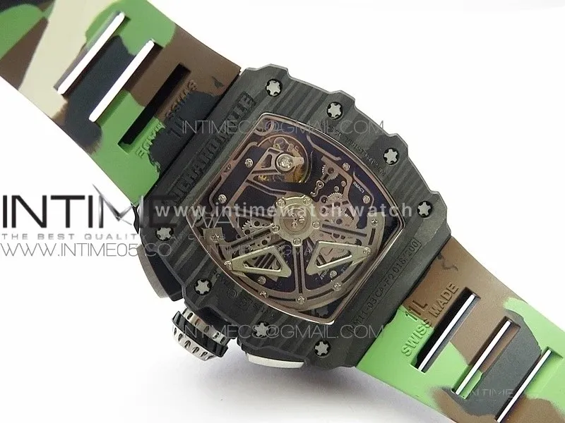 RM011 Carbon Case Chrono KVF 1:1 Best Edition Crystal Skeleton Yellow Dial on Camo Rubber Strap A7750 V2