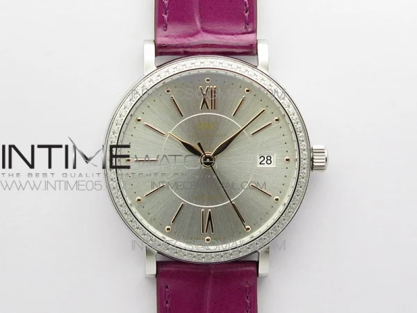 Portofino 37mm SS Diamonds Bezel A7F 1:1 Best Edition Silver Dial on Purple Leather Strap A2892