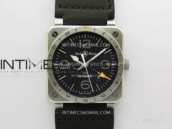 BR03-93 GMT SS B12 Best Edition Black Dial 42mm On Black Leather Strap A2836