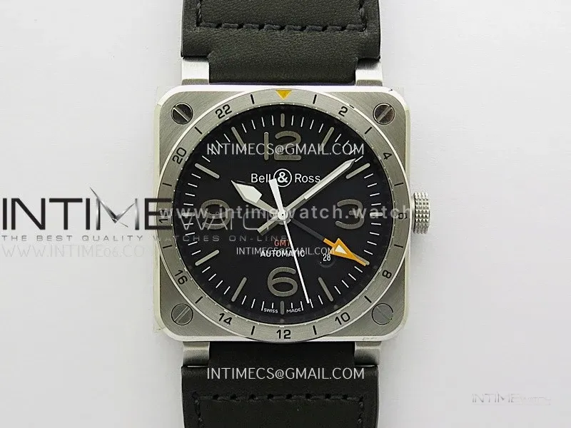 BR03-93 GMT SS B12 Best Edition Black Dial 42mm On Black Leather Strap A2836