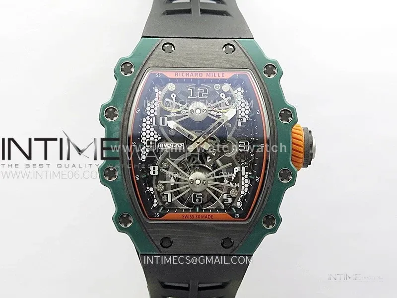 RM021-02 Real Tourbillon Black Carbon RMF Best Edition Skeleton Dial on Black Rubber Strap