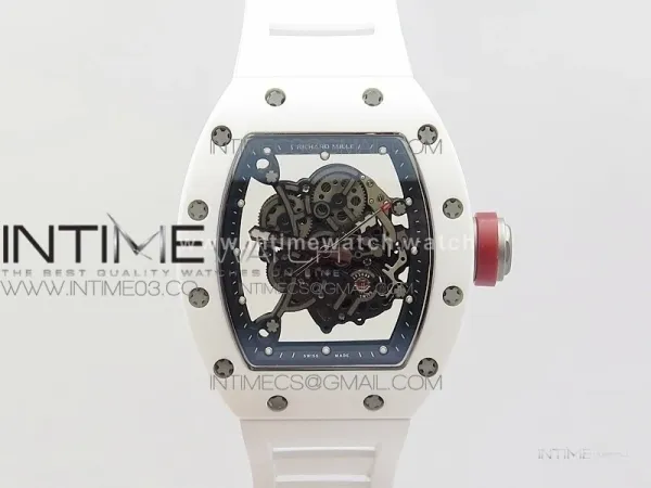 RM055 Real White Ceramic Case V2 KVF Best Edition Skeleton Dial Red Crown on White Rubber Strap MIYOTA8215