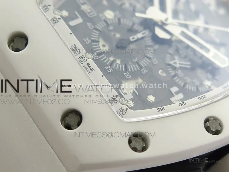 RM011 Carbon Case Chronograph KVF 1:1 Best Edition White Ceramic Bezel Skeleton Dial on White Rubber Strap A7750