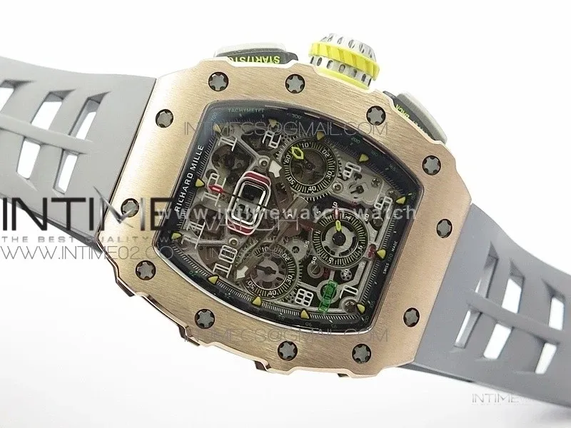 RM011 RG Chronograph SS Case KVF 1:1 Best Edition Crystal Skeleton Dial on Gray Rubber Strap A7750