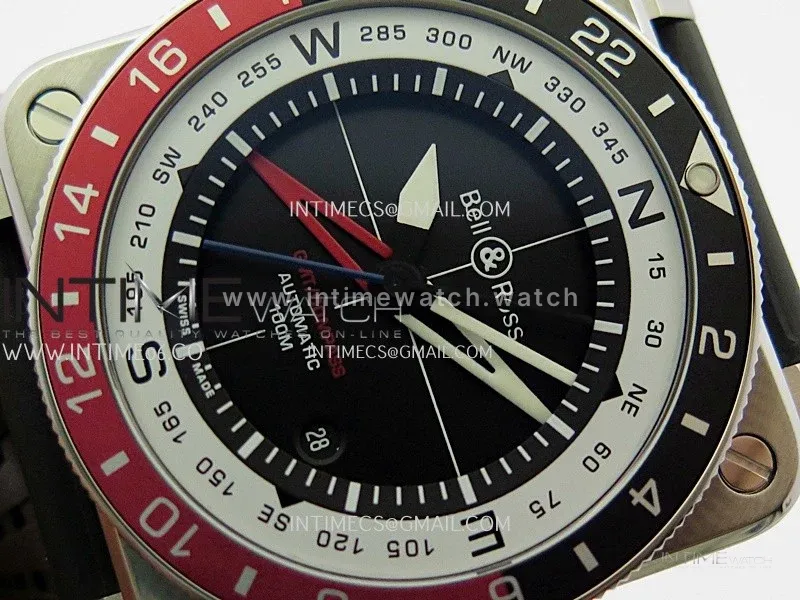 BR03 GMT Compass Black/Red Bezel SS B12 Black Dial 42mm On Black Perforated Rubber Strap A2836 (Free Nylon Strap)
