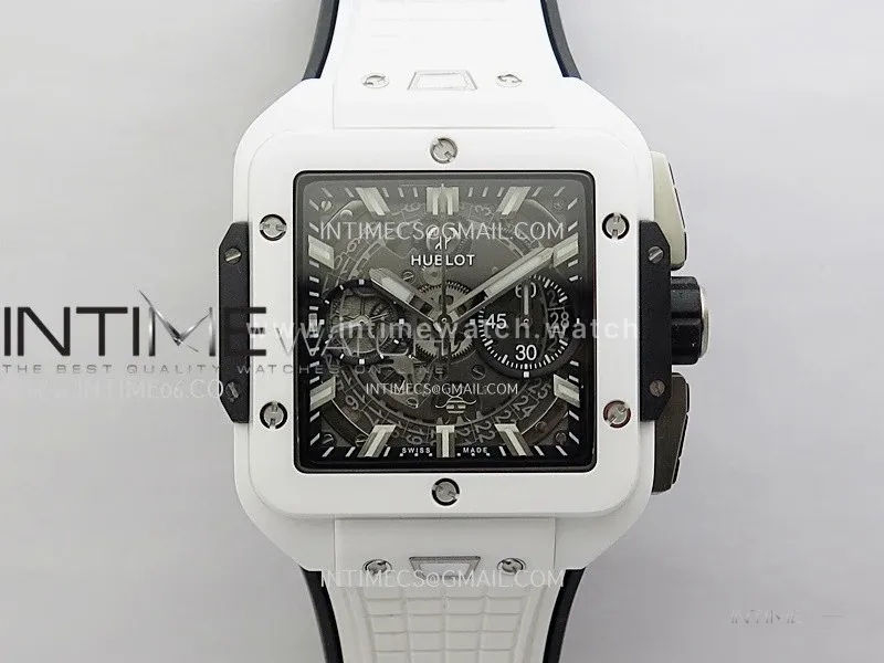 Square Bang Unico 42mm White Ceramic BBF 1:1 Best Edition Skeleton Dial on White Rubber Strap A1280