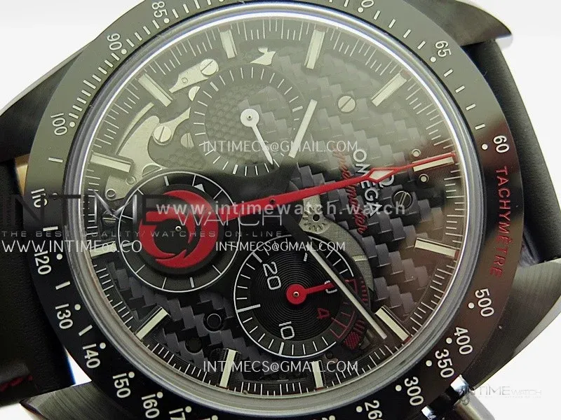 Speedmaster 44mm Ceramic SMF 1:1 Best Edition Carbon Skeleton Dial On Black Leather Strap A3869 (Free Strap)