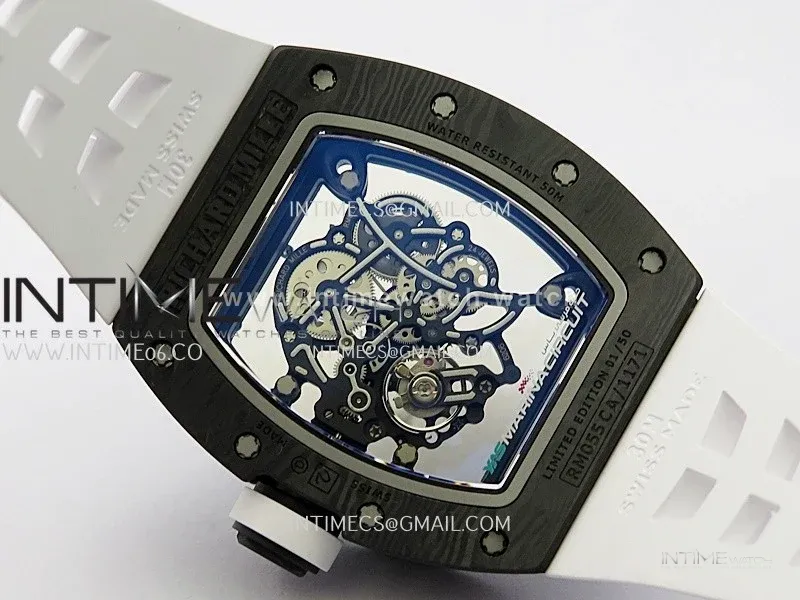 RM055 Blue Inner Bezel White Crown NTPT ZF 1:1 Best Edition Skeleton On White Shark Rubber Strap RMUL2 Super Clone