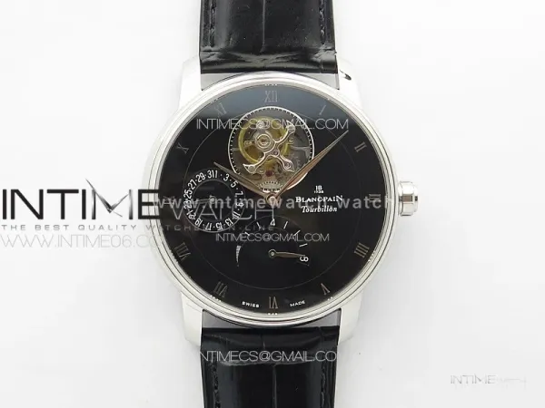 Villeret Tourbillon SS Real PR YSF Best Edition Black Dial on Black Leather Strap