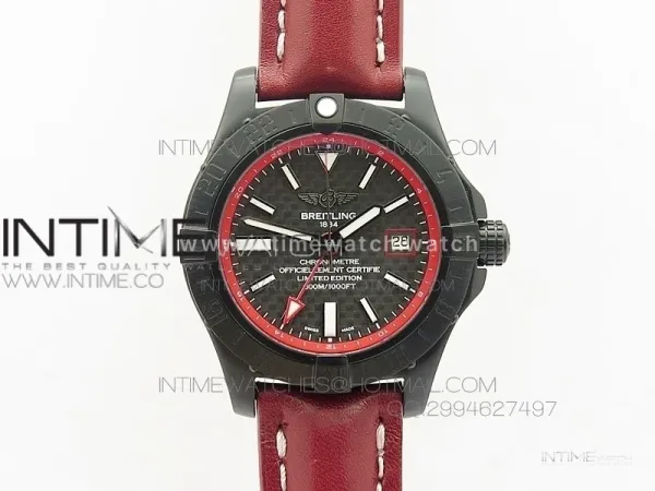 Avenger GMT DLC Black Stick Marker Textured Dial Red Inner Bezel on Leather strap A2836