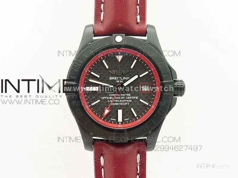 Avenger GMT DLC Black Stick Marker Textured Dial Red Inner Bezel on Leather strap A2836