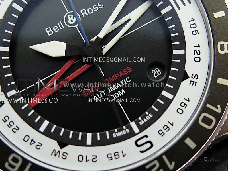 BR03 GMT Compass Blue/Black Bezel SS B12 Black Dial 42mm On Black Perforated Rubber Strap A2836 (Free Nylon Strap)