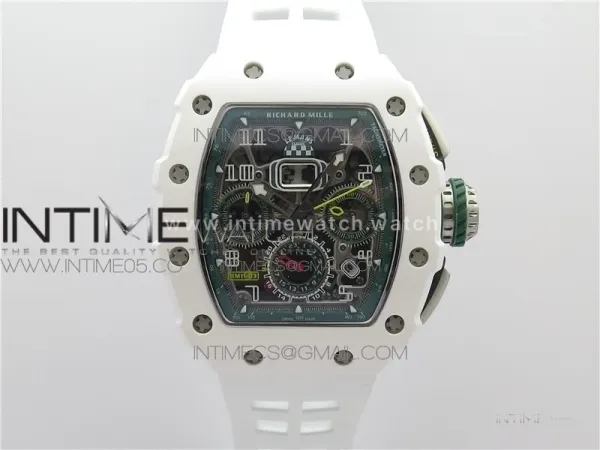 RM011 Real White Ceramic Chronograph KVF 1:1 Best Edition Crystal Skeleton Dial Green on White Rubber Strap A7750