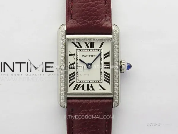 Tank Louis Ladies 22mm SS/Crystal 8848F 1:1 Best Edition White Dial on Dark Red Leather Strap Ronda Quartz