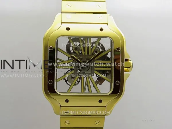 Santos Skeleton Black YG Rich Factory 1:1 Best Skeleton Dial On YG SmartLink Bracelet 9611MC Super Clone (Free Leather Strap)
