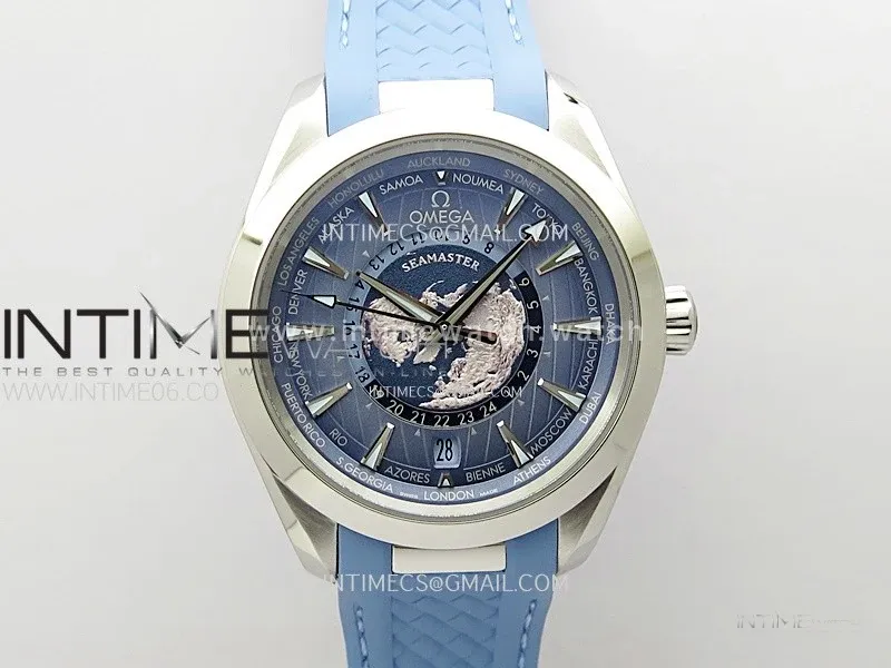 Aqua Terra GMT Worldtimer 43mm VSF 1:1 Best Edition Summer Blue Dial on Blue Rubber Strap A8938 Super Clone