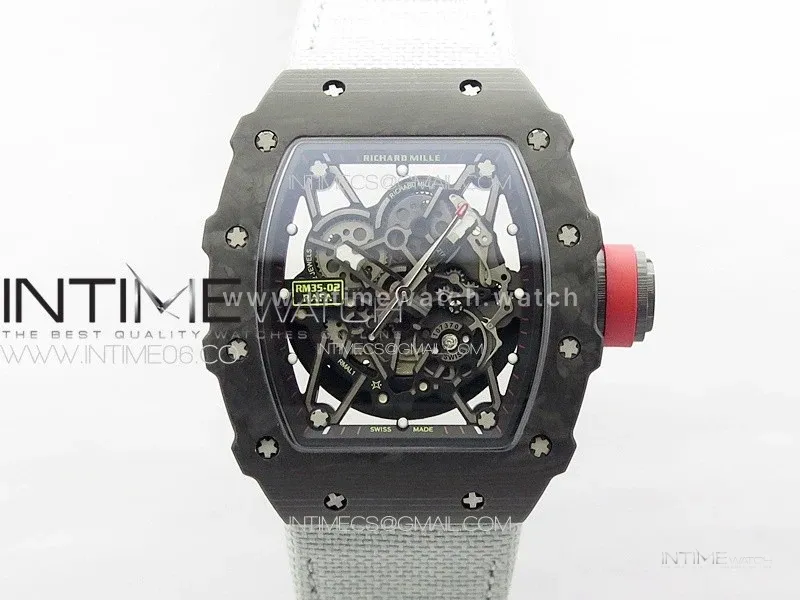 RM035-02 Forged Carbon Case KUF Best Edition Red Crown on Gray Nylon Strap MIYOTA8215