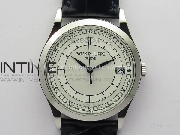Calatrava 5296G SS ZF 1:1 Best Edition White Dial Blue Hands on Dark Navy Blue Leather Strap 324CS