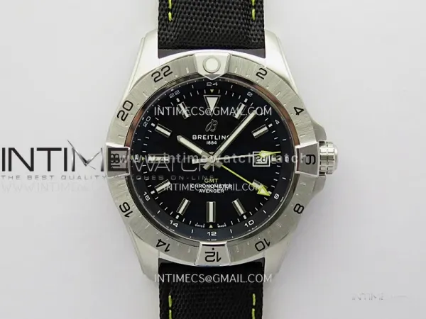 Avenger Chronometer 45mm Yellow GMT Hand SS B50F 1:1 Best Edition Black Dial On Black Nylon Strap A2836