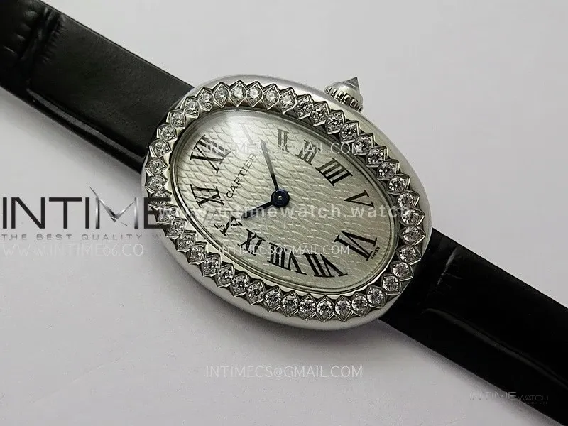 Baignoire Watch Diamond Bezel SS AF 1:1 Best Edition White textured Dial On Black Croco Strap RONDA Quartz