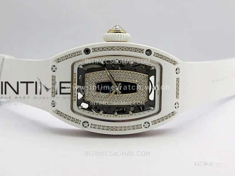 RM07 Real White Ceramic Diamond Bezel YG ZF Best Edition Black MOP Diamond Skeleton Dial On White Rubber Strap Asian CRMA2 Clone