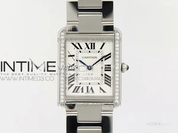 Tank Solo Ladies 28mm SS Diamond Bezel K11F 1:1 Best Edition White Dial on SS Bracelet Ronda Quartz