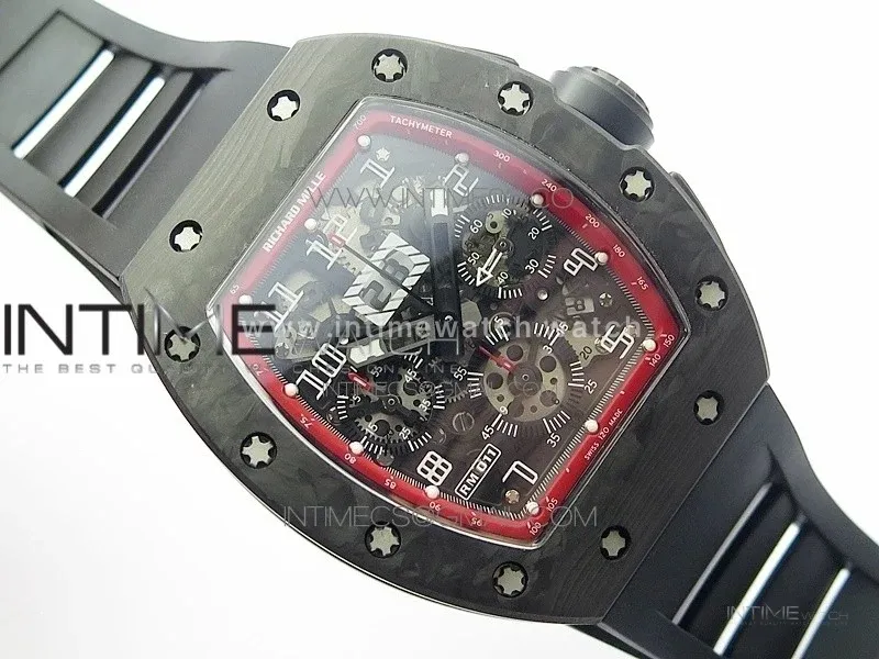 RM011 Carbon Case Carbon Bezel Chronograph KVF 1:1 Best Edition Skeleton Dial(Red Inner Bezel) on Black Rubber Strap A7750