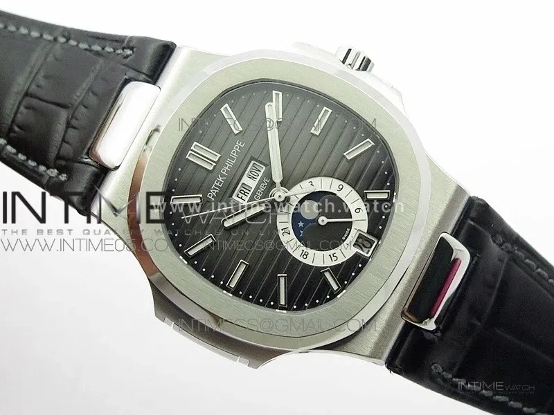 NAUTILUS 5726 SS GRF 1:1 BEST EDITION GRAY DIAL WORKING ANNUAL CALENDARON BLACK LEATHER STARP A.324 V2