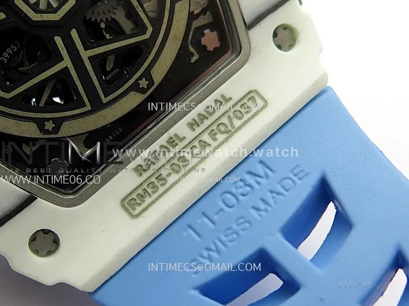 RM035-03 White Carbon/Blue Crown Z Factory Skeleton Dial on Blue Rubber Strap Asian Skeleton movement