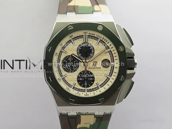 Royal Oak Offshore 44mm SS JF 1:1 Best Edition Cream Dial On Green Camo Rubber Strap A3126
