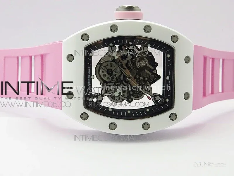 RM055 White Ceramic KVF Best Edition Skeleton Dial on Pink Rubber Strap MIYOTA8215 V3