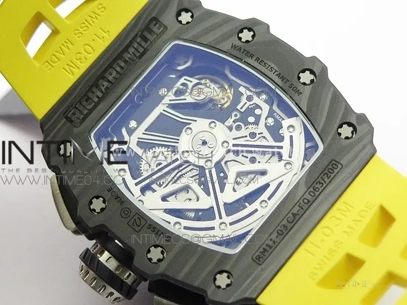RM011 Carbon Case Chrono KVF 1:1 Best Edition Crystal Skeleton Yellow Dial on Yellow Rubber Strap A7750