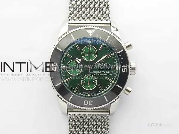 SuperOcean 46mm Black Ceramic Bezel B50 Best Edition Green Dial Green Subdials on SS Bracelet A7750