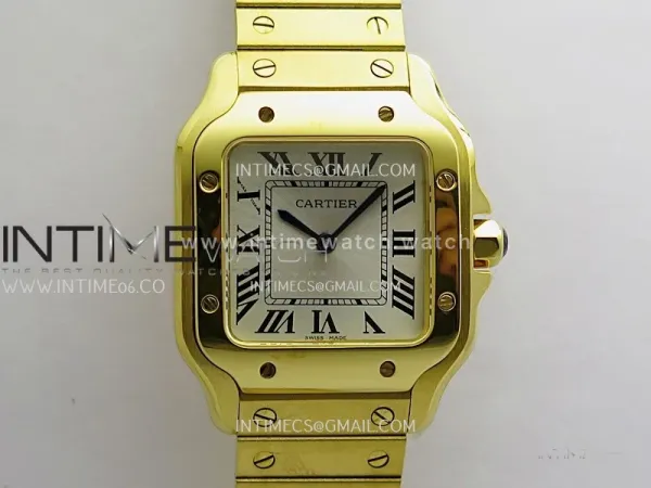 Santos de Cartier 27mm YG 8848F 1:1 Best Edition Silver Dial On YG SmartLinks Bracelet Ronda Quartz