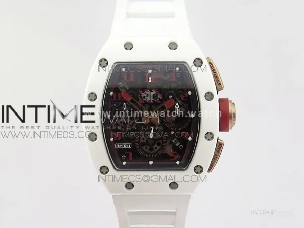 RM011 RG Case Chronograph KVF 1:1 Best Edition White Ceramic Bezel Skeleton Dial on White Rubber Strap A7750