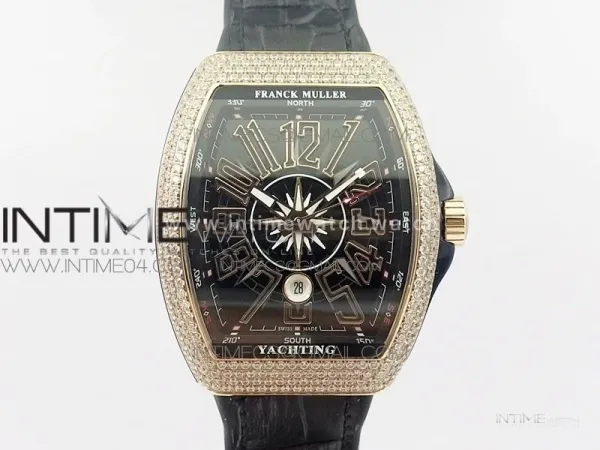 Vanguard V45 RG Full Diamonds Black Textured Numbers Markers on Black Gummy Strap A2813