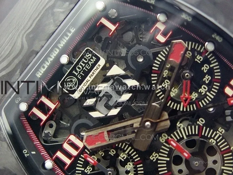 RM011 Carbon Case Carbon Bezel Chronograph KVF 1:1 Best Edition Skeleton Dial Red/RG on Black Rubber Strap A7750