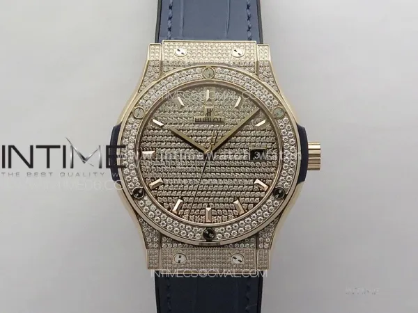 Classic Fusion 42mm RG Paved Diamonds Case And Bezel B50F Paved Diamonds Dial On Blue Gummy Strap A2892