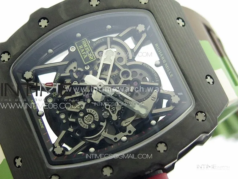 RM035-02 Forged Carbon Case KUF Best Edition Red Crown on Camouflage Rubber Strap MIYOTA8215