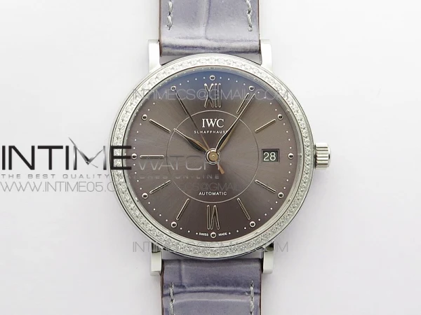Portofino 37mm SS Diamond Bezel A7F 1:1 Best Edition Gray Dial on Gray Leather Strap A2892