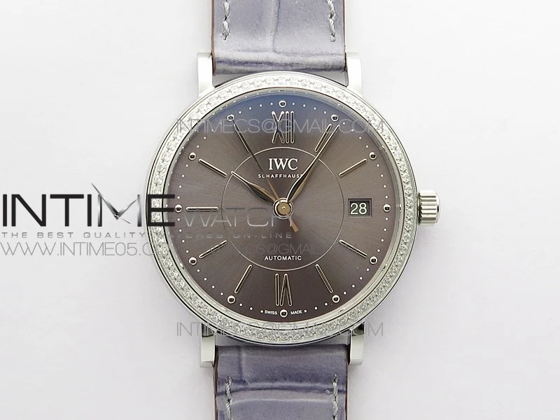 Portofino 37mm SS Diamond Bezel A7F 1:1 Best Edition Gray Dial on Gray Leather Strap A2892