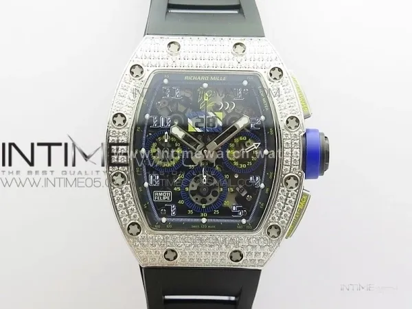RM011 Titanium Case Diamonds Bezel Chronograph KVF 1:1 Best Edition Skeleton Dial Blue Crown on Black Rubber Strap A7750