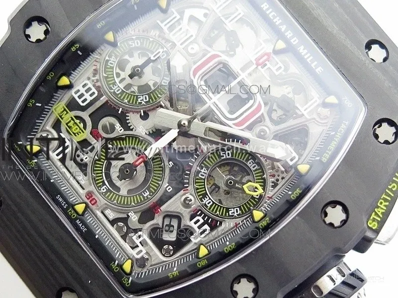 RM011 Carbon Case Chrono KVF 1:1 Best Edition Crystal Skeleton Yellow Dial on White Rubber Strap A7750