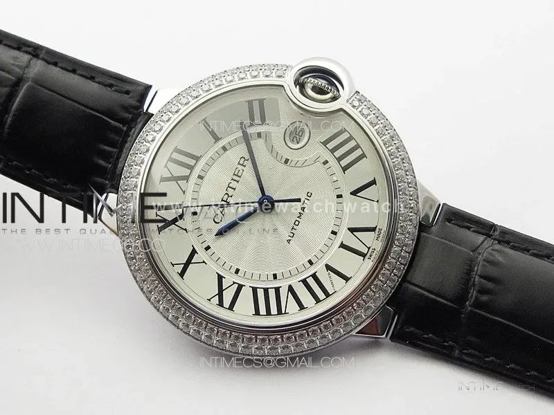 Ballon Bleu 42mm Diamonds Bezel SS 3KF 1:1 Best Edition White Texture Dial on Black Leather Strap A2824