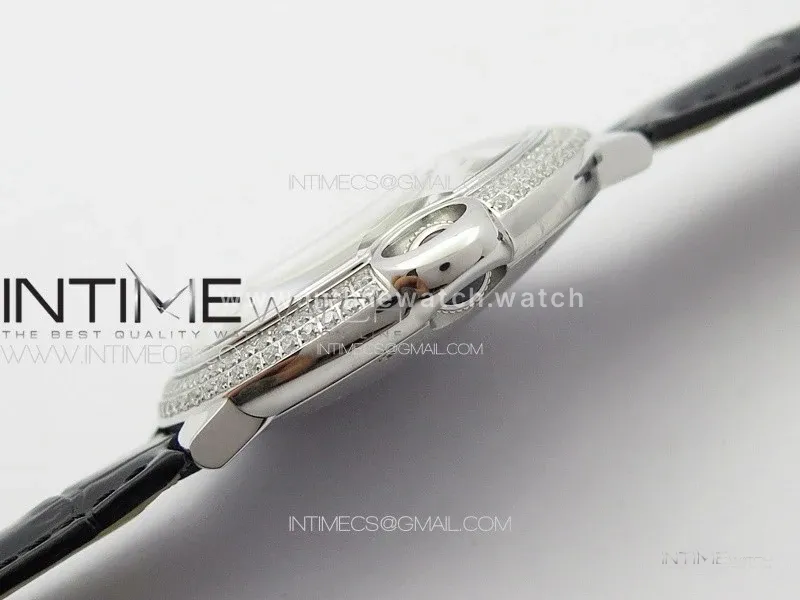 Ballon Bleu 42mm Diamonds Bezel SS 3KF 1:1 Best Edition White Texture Dial on Black Leather Strap A2824