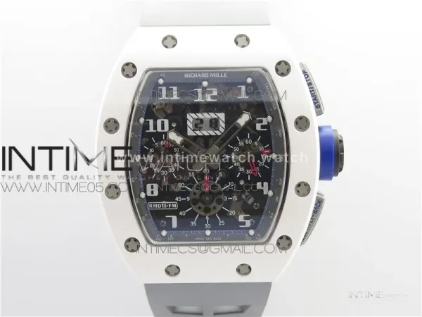 RM011 Real White Ceramic Chronograph KVF 1:1 Best Edition Crystal Skeleton Dial Blue on Gray Rubber Strap A7750