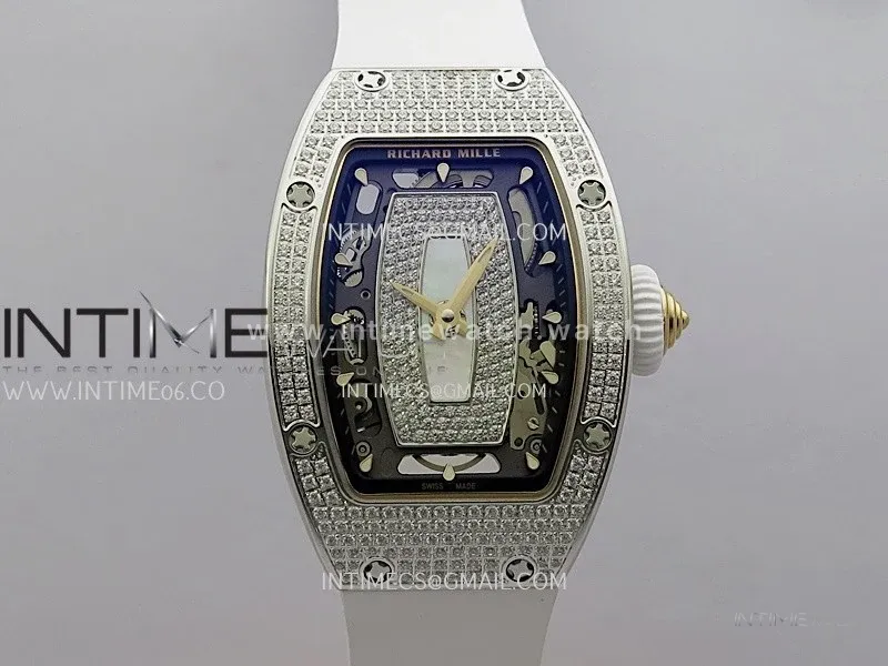 RM07 Full Paved Diamond SS ZF Best Edition White Diamond Skeleton Dial On White Rubber Strap Asian CRMA2 Clone