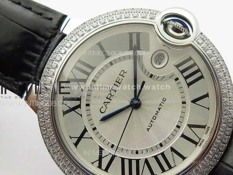 Ballon Bleu 42mm Diamonds Bezel SS 3KF 1:1 Best Edition White Texture Dial on Black Leather Strap A2824