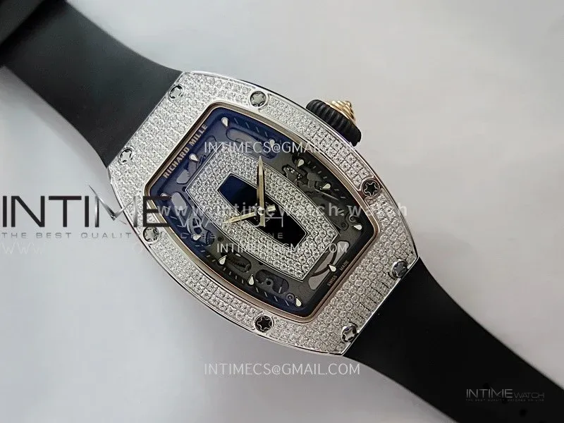 RM07 Full Paved Diamonds SS ZF Best Edition Black Diamond Skeleton Dial On Black Rubber Strap Asian CRMA2 Clone