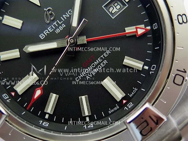 Avenger Chronometer 42mm GMT Red Second Hand SS BLSF 1:1 Best Version Black Dial On SS Bracelet A2836